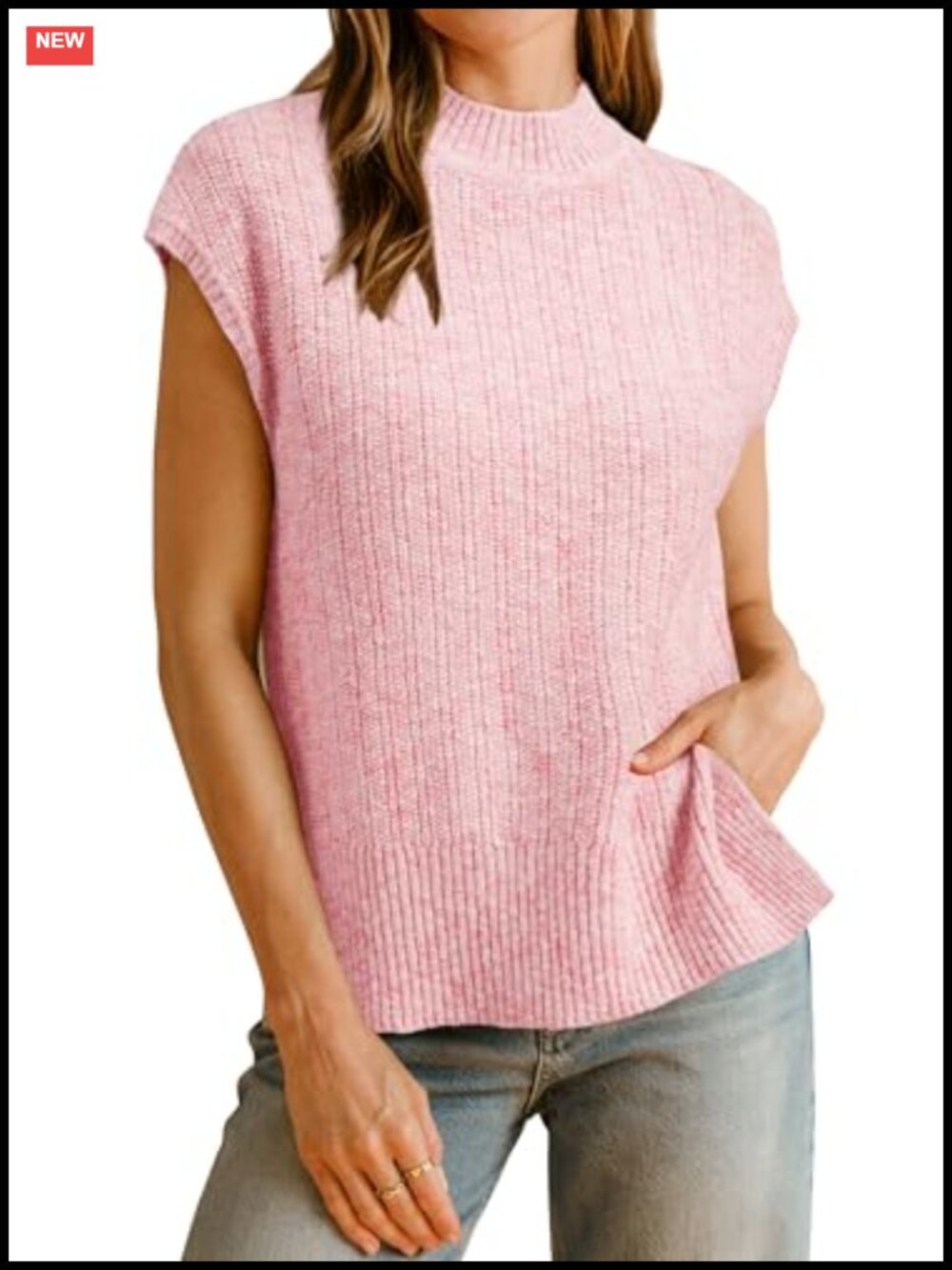Women's Cotton Blend Cap Sleeve Side Slit Sweater Vest Layering Top